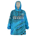 Personalised Cronulla-Sutherland Sharks Wearable Blanket Hoodie Polynesian Tribal Art Style With Hammerhead Mascot
