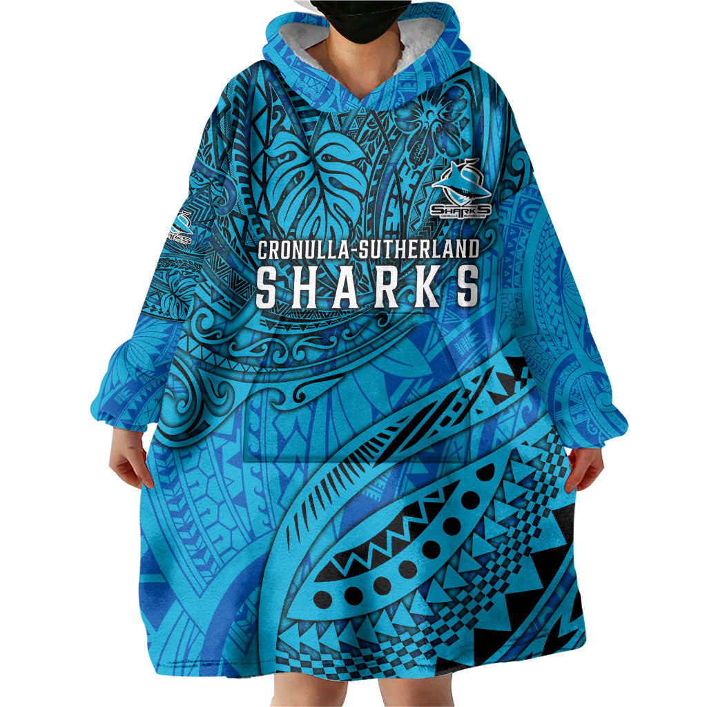 Personalised Cronulla-Sutherland Sharks Wearable Blanket Hoodie Polynesian Tribal Art Style With Hammerhead Mascot