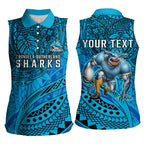 Personalised Cronulla-Sutherland Sharks Women Sleeveless Polo Shirt Polynesian Tribal Art Style With Hammerhead Mascot