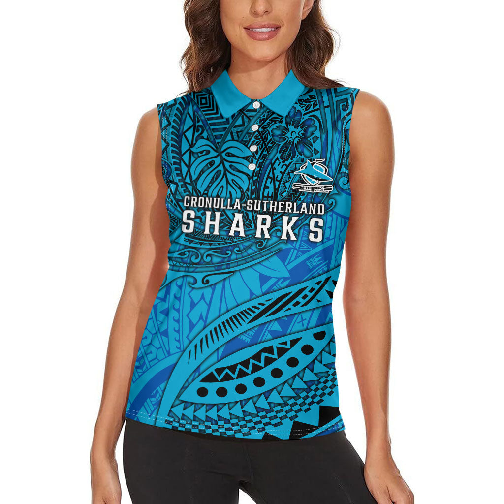 Personalised Cronulla-Sutherland Sharks Women Sleeveless Polo Shirt Polynesian Tribal Art Style With Hammerhead Mascot