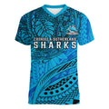 Personalised Cronulla-Sutherland Sharks Women V-Neck T-Shirt Polynesian Tribal Art Style With Hammerhead Mascot