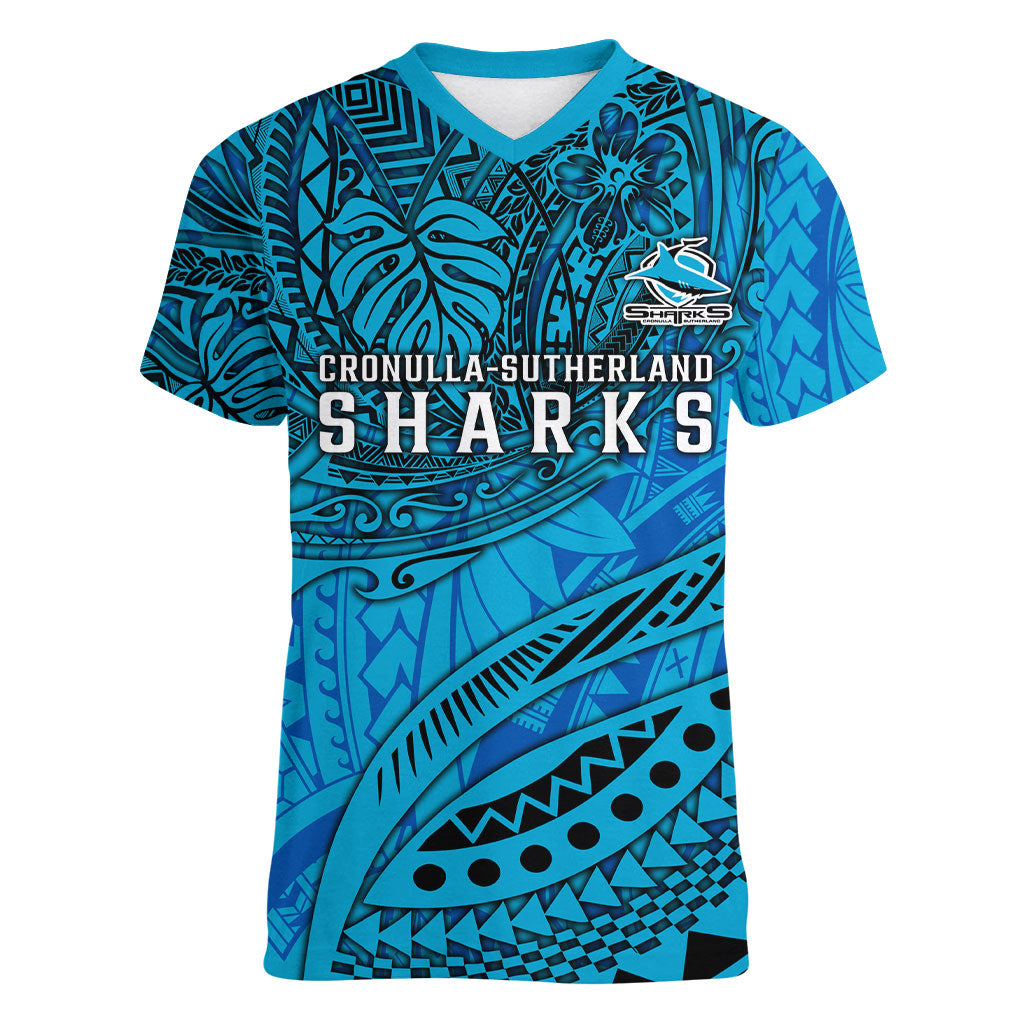 Personalised Cronulla-Sutherland Sharks Women V-Neck T-Shirt Polynesian Tribal Art Style With Hammerhead Mascot