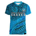 Personalised Cronulla-Sutherland Sharks Women V-Neck T-Shirt Polynesian Tribal Art Style With Hammerhead Mascot