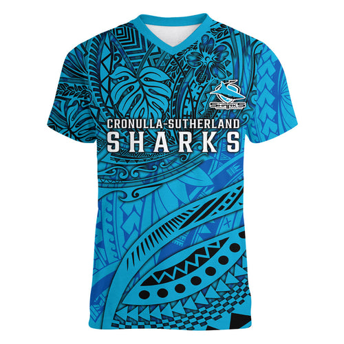 Personalised Cronulla-Sutherland Sharks Women V-Neck T-Shirt Polynesian Tribal Art Style With Hammerhead Mascot