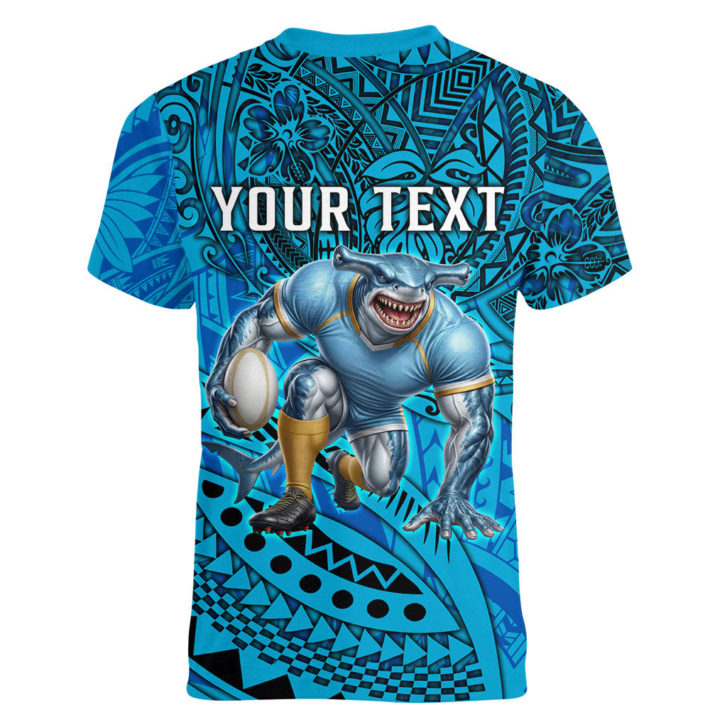 Personalised Cronulla-Sutherland Sharks Women V-Neck T-Shirt Polynesian Tribal Art Style With Hammerhead Mascot