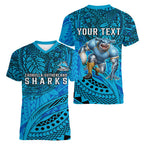 Personalised Cronulla-Sutherland Sharks Women V-Neck T-Shirt Polynesian Tribal Art Style With Hammerhead Mascot