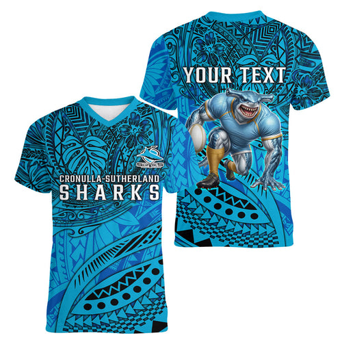 Personalised Cronulla-Sutherland Sharks Women V-Neck T-Shirt Polynesian Tribal Art Style With Hammerhead Mascot