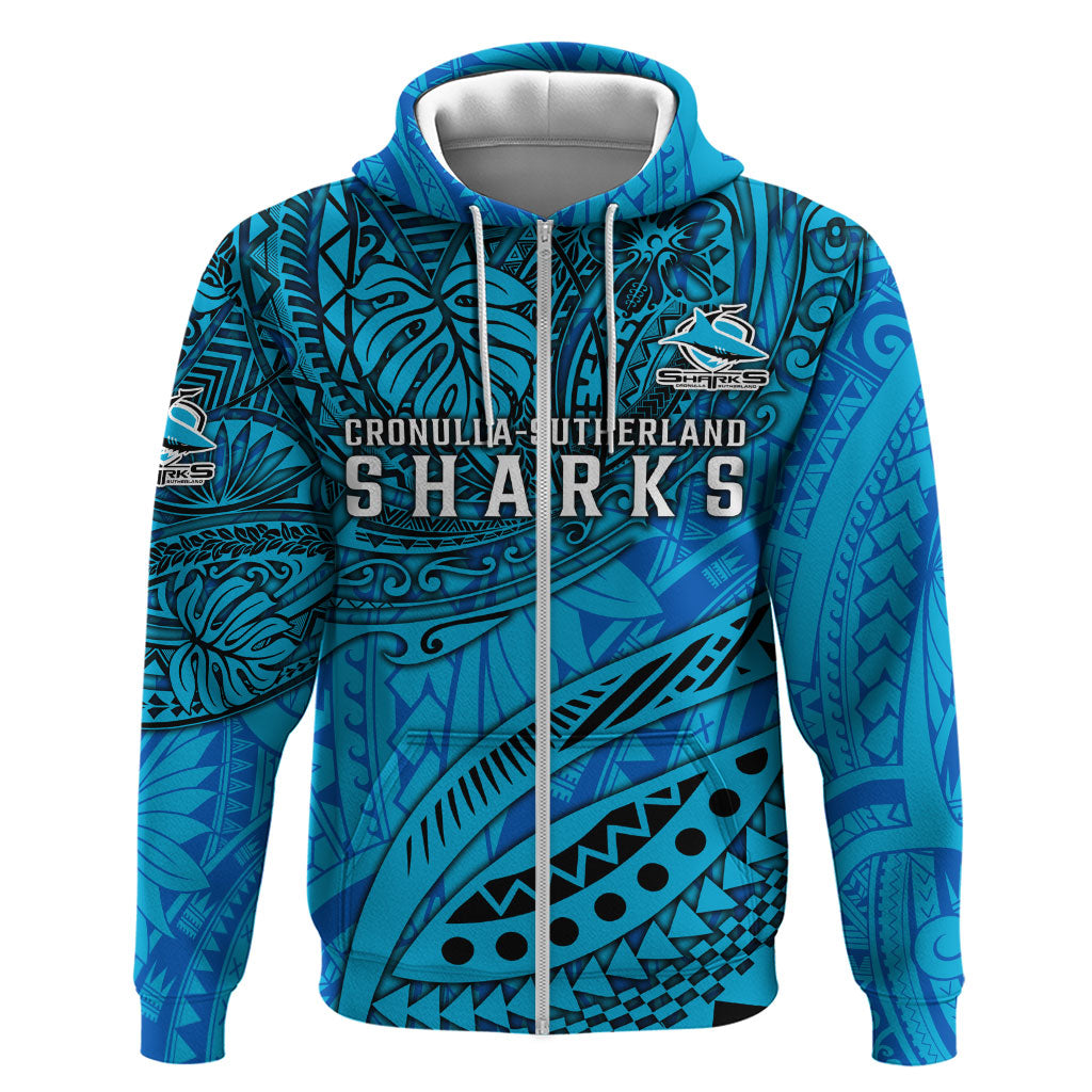 Personalised Cronulla-Sutherland Sharks Zip Hoodie Polynesian Tribal Art Style With Hammerhead Mascot