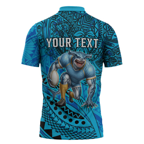 Personalised Cronulla-Sutherland Sharks Zipper Polo Shirt Polynesian Tribal Art Style With Hammerhead Mascot