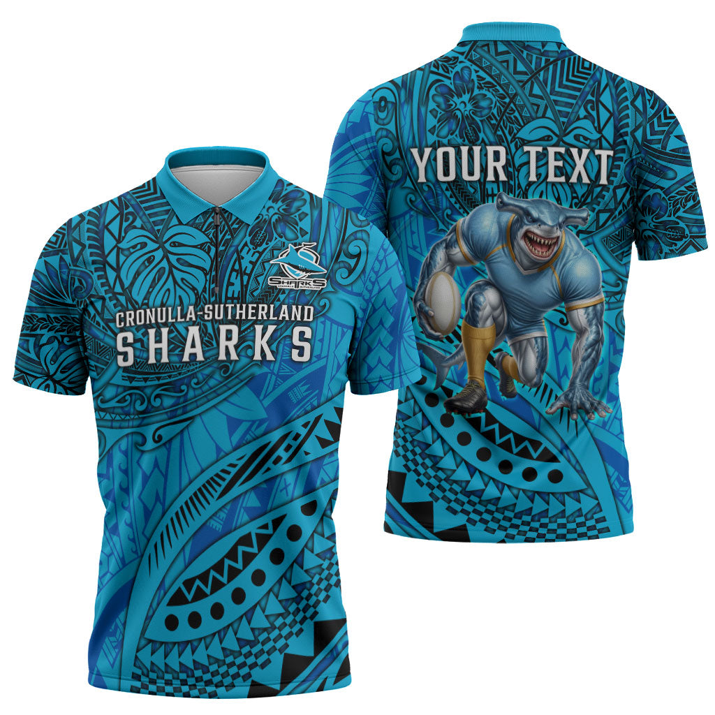 Personalised Cronulla-Sutherland Sharks Zipper Polo Shirt Polynesian Tribal Art Style With Hammerhead Mascot