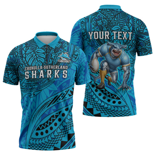Personalised Cronulla-Sutherland Sharks Zipper Polo Shirt Polynesian Tribal Art Style With Hammerhead Mascot