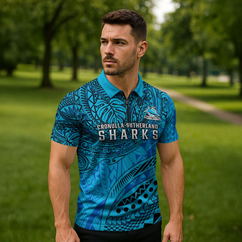 Personalised Cronulla-Sutherland Sharks Zipper Polo Shirt Polynesian Tribal Art Style With Hammerhead Mascot