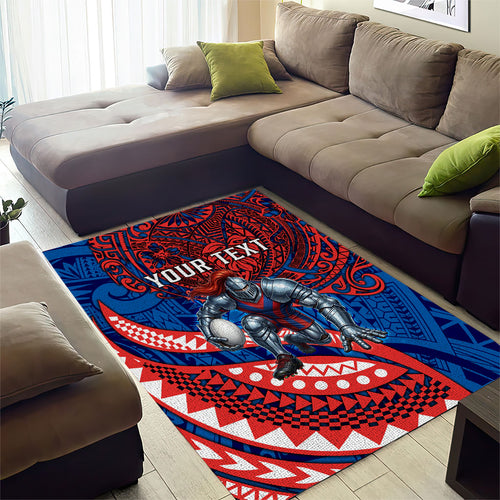 Personalised Newcastle Knights Area Rug Polynesian Tribal Art Style With Armored Knight Mascot