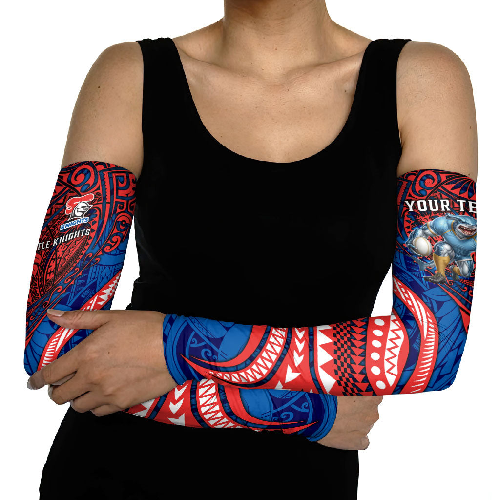Personalised Newcastle Knights Arm Sleeves Polynesian Tribal Art Style With Armored Knight Mascot