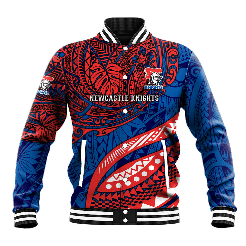Personalised Newcastle Knights Baseball Jacket Polynesian Tribal Art Style With Armored Knight Mascot