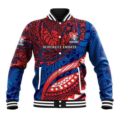 Personalised Newcastle Knights Baseball Jacket Polynesian Tribal Art Style With Armored Knight Mascot
