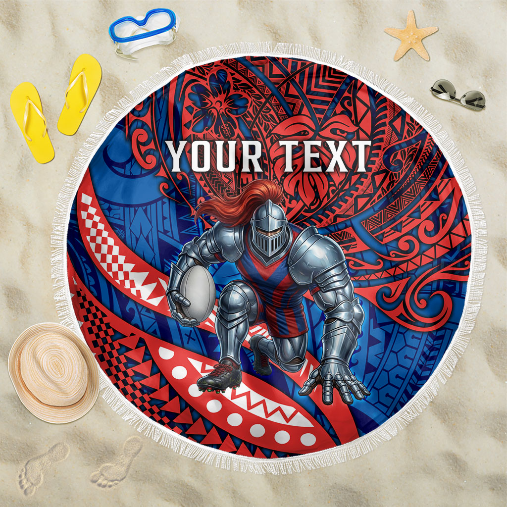 Personalised Newcastle Knights Beach Blanket Polynesian Tribal Art Style With Armored Knight Mascot