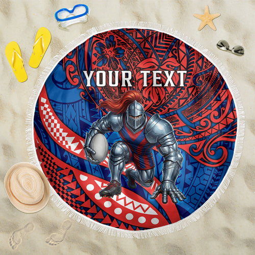 Personalised Newcastle Knights Beach Blanket Polynesian Tribal Art Style With Armored Knight Mascot