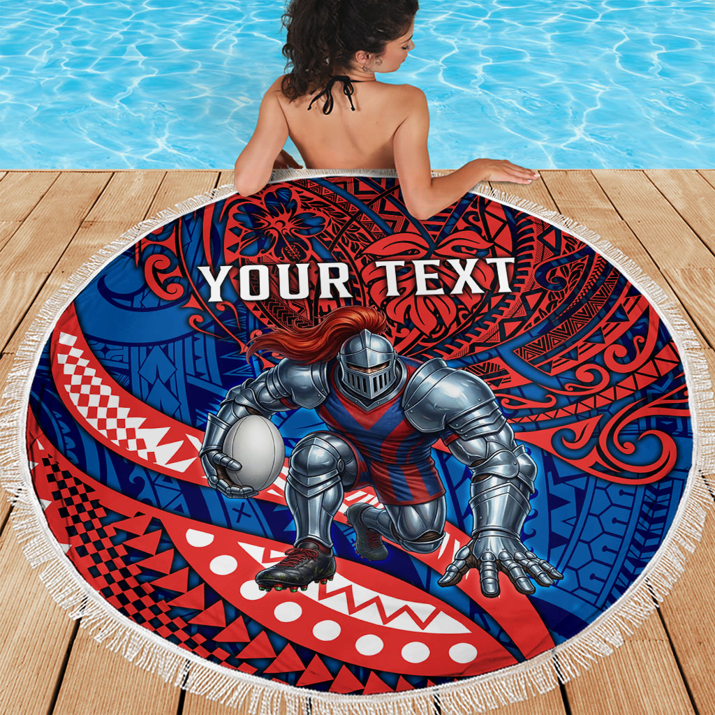 Personalised Newcastle Knights Beach Blanket Polynesian Tribal Art Style With Armored Knight Mascot