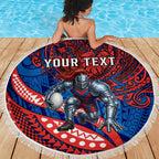 Personalised Newcastle Knights Beach Blanket Polynesian Tribal Art Style With Armored Knight Mascot