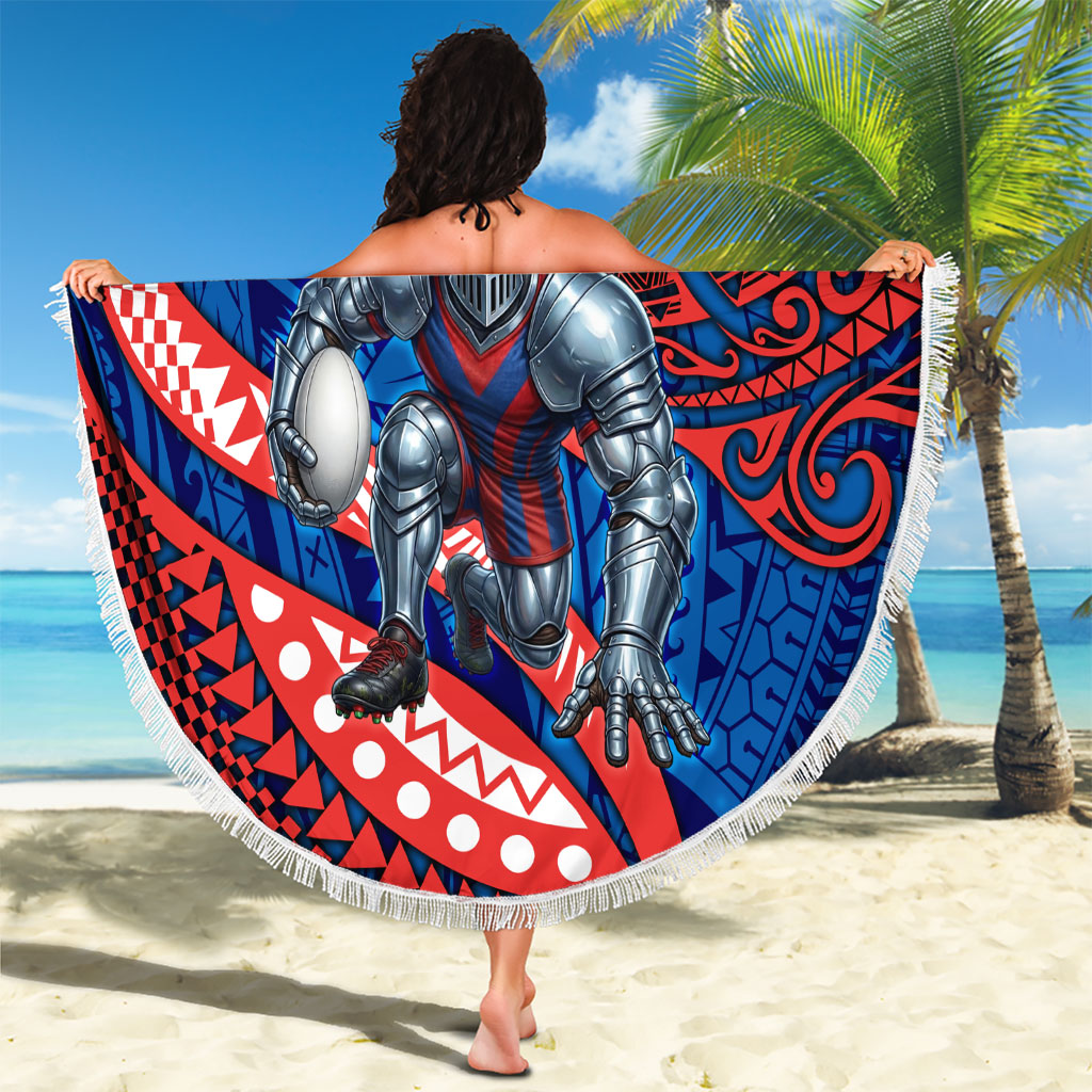 Personalised Newcastle Knights Beach Blanket Polynesian Tribal Art Style With Armored Knight Mascot