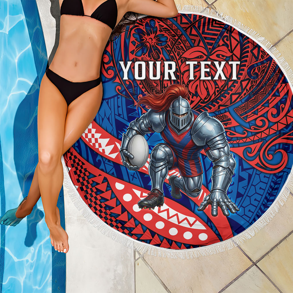 Personalised Newcastle Knights Beach Blanket Polynesian Tribal Art Style With Armored Knight Mascot