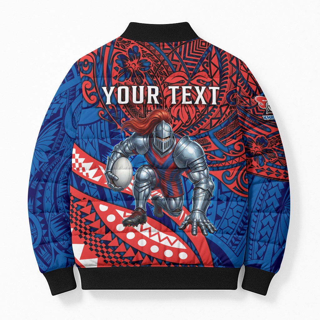 Personalised Newcastle Knights Bomber Puffer Jacket Polynesian Tribal Art Style With Armored Knight Mascot
