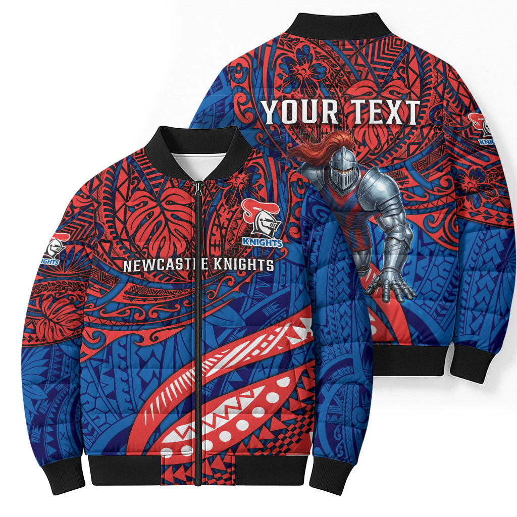 Personalised Newcastle Knights Bomber Puffer Jacket Polynesian Tribal Art Style With Armored Knight Mascot