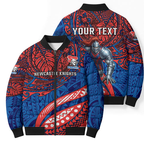 Personalised Newcastle Knights Bomber Puffer Jacket Polynesian Tribal Art Style With Armored Knight Mascot