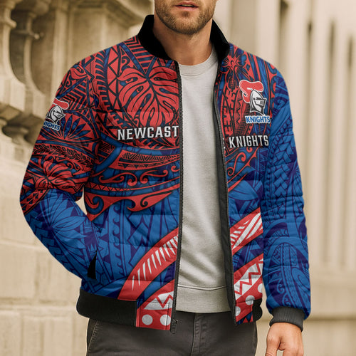 Personalised Newcastle Knights Bomber Puffer Jacket Polynesian Tribal Art Style With Armored Knight Mascot