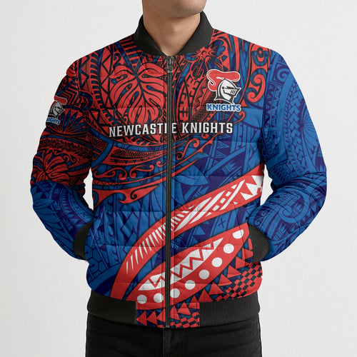 Personalised Newcastle Knights Bomber Puffer Jacket Polynesian Tribal Art Style With Armored Knight Mascot