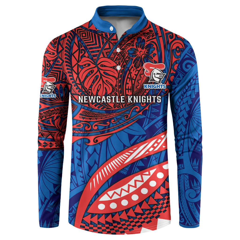 Personalised Newcastle Knights Button Sweatshirt Polynesian Tribal Art Style With Armored Knight Mascot