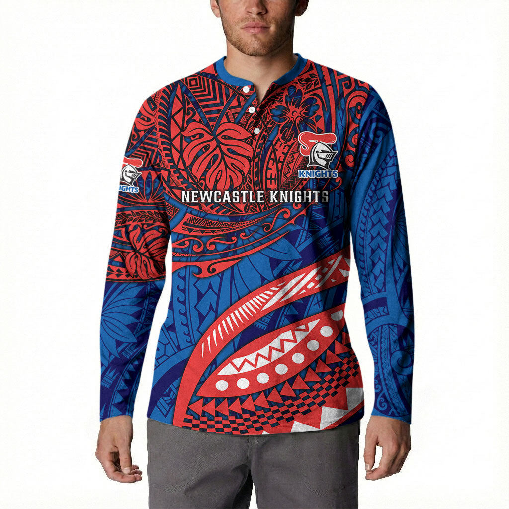 Personalised Newcastle Knights Button Sweatshirt Polynesian Tribal Art Style With Armored Knight Mascot