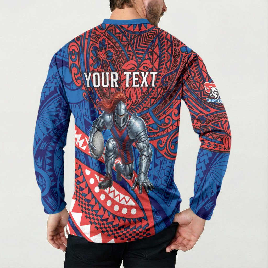 Personalised Newcastle Knights Button Sweatshirt Polynesian Tribal Art Style With Armored Knight Mascot