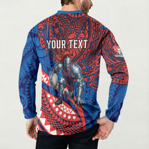 Personalised Newcastle Knights Button Sweatshirt Polynesian Tribal Art Style With Armored Knight Mascot