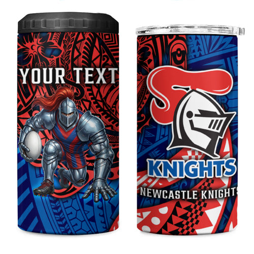 Personalised Newcastle Knights 4 in 1 Can Cooler Tumbler Polynesian Tribal Art Style With Armored Knight Mascot