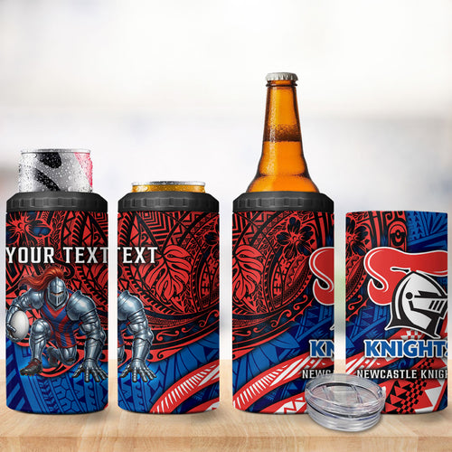 Personalised Newcastle Knights 4 in 1 Can Cooler Tumbler Polynesian Tribal Art Style With Armored Knight Mascot
