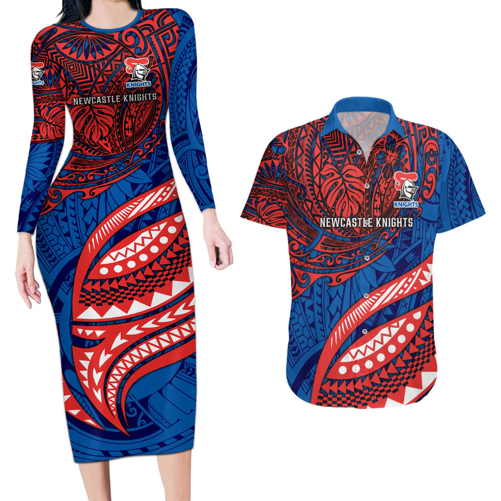 Personalised Newcastle Knights Couples Matching Long Sleeve Bodycon Dress and Hawaiian Shirt Polynesian Tribal Art Style With Armored Knight Mascot