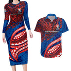 Personalised Newcastle Knights Couples Matching Long Sleeve Bodycon Dress and Hawaiian Shirt Polynesian Tribal Art Style With Armored Knight Mascot