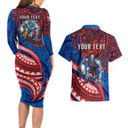 Personalised Newcastle Knights Couples Matching Long Sleeve Bodycon Dress and Hawaiian Shirt Polynesian Tribal Art Style With Armored Knight Mascot