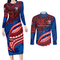 Personalised Newcastle Knights Couples Matching Long Sleeve Bodycon Dress and Long Sleeve Button Shirt Polynesian Tribal Art Style With Armored Knight Mascot
