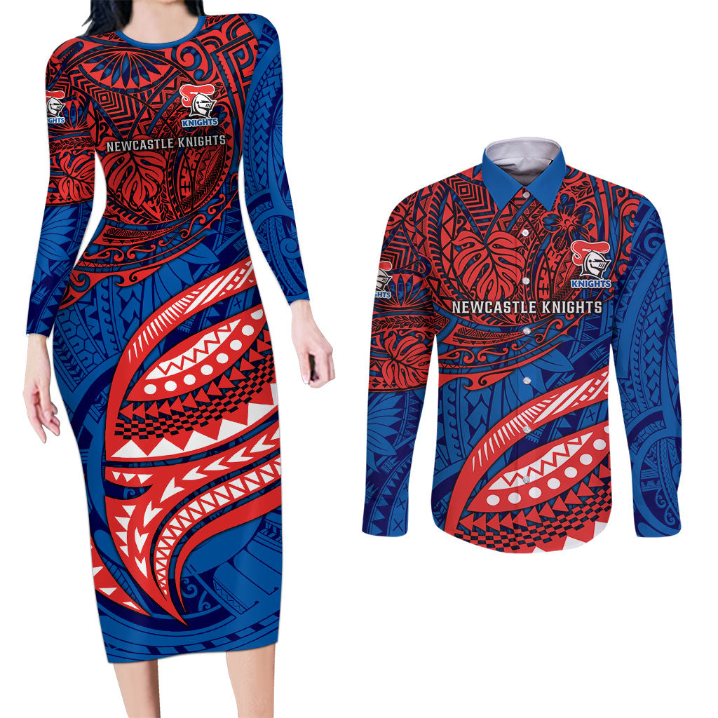 Personalised Newcastle Knights Couples Matching Long Sleeve Bodycon Dress and Long Sleeve Button Shirt Polynesian Tribal Art Style With Armored Knight Mascot