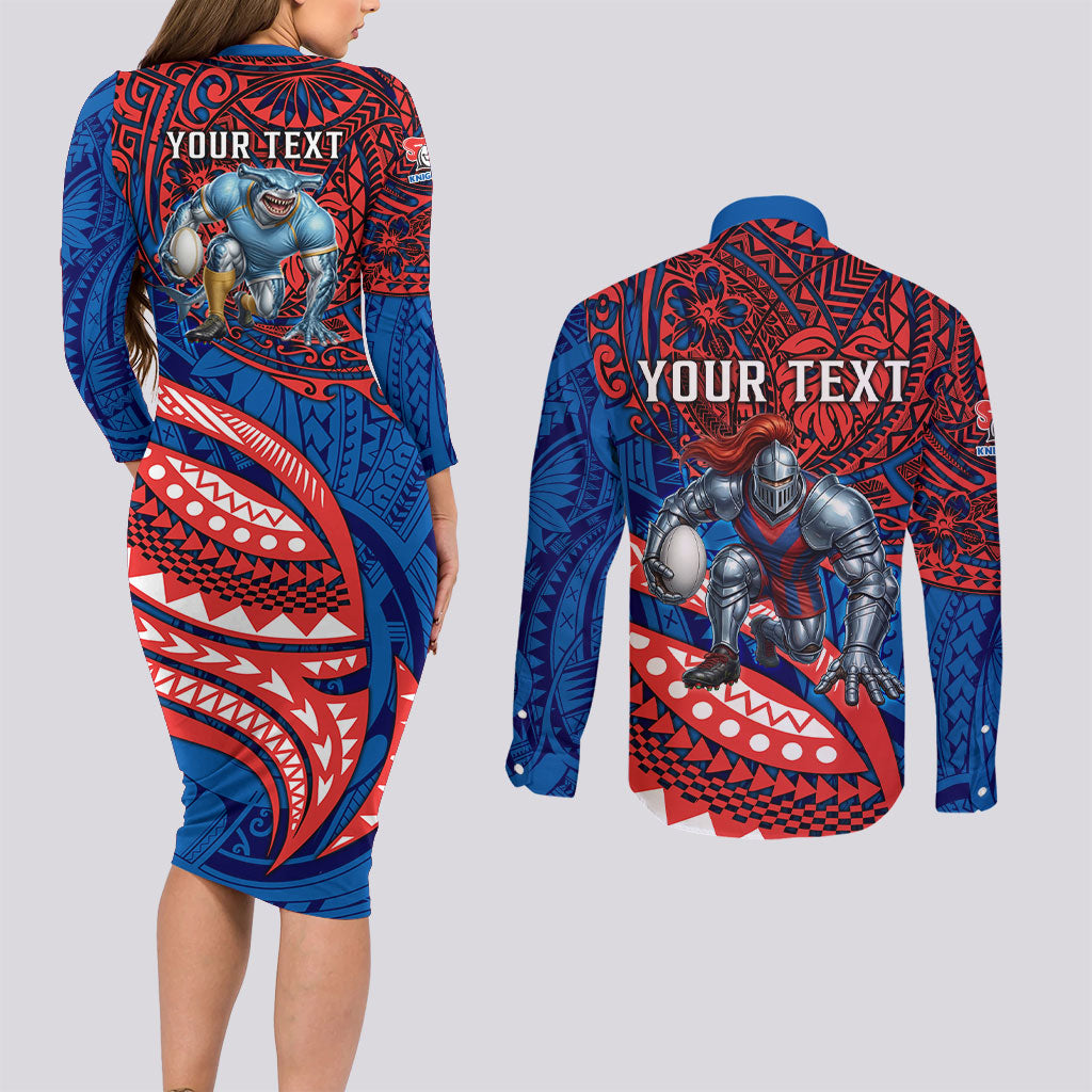 Personalised Newcastle Knights Couples Matching Long Sleeve Bodycon Dress and Long Sleeve Button Shirt Polynesian Tribal Art Style With Armored Knight Mascot