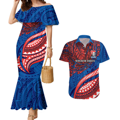 Personalised Newcastle Knights Couples Matching Mermaid Dress and Hawaiian Shirt Polynesian Tribal Art Style With Armored Knight Mascot