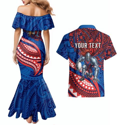 Personalised Newcastle Knights Couples Matching Mermaid Dress and Hawaiian Shirt Polynesian Tribal Art Style With Armored Knight Mascot