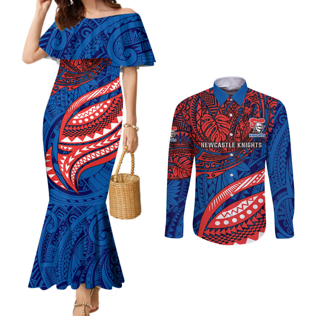 Personalised Newcastle Knights Couples Matching Mermaid Dress and Long Sleeve Button Shirt Polynesian Tribal Art Style With Armored Knight Mascot