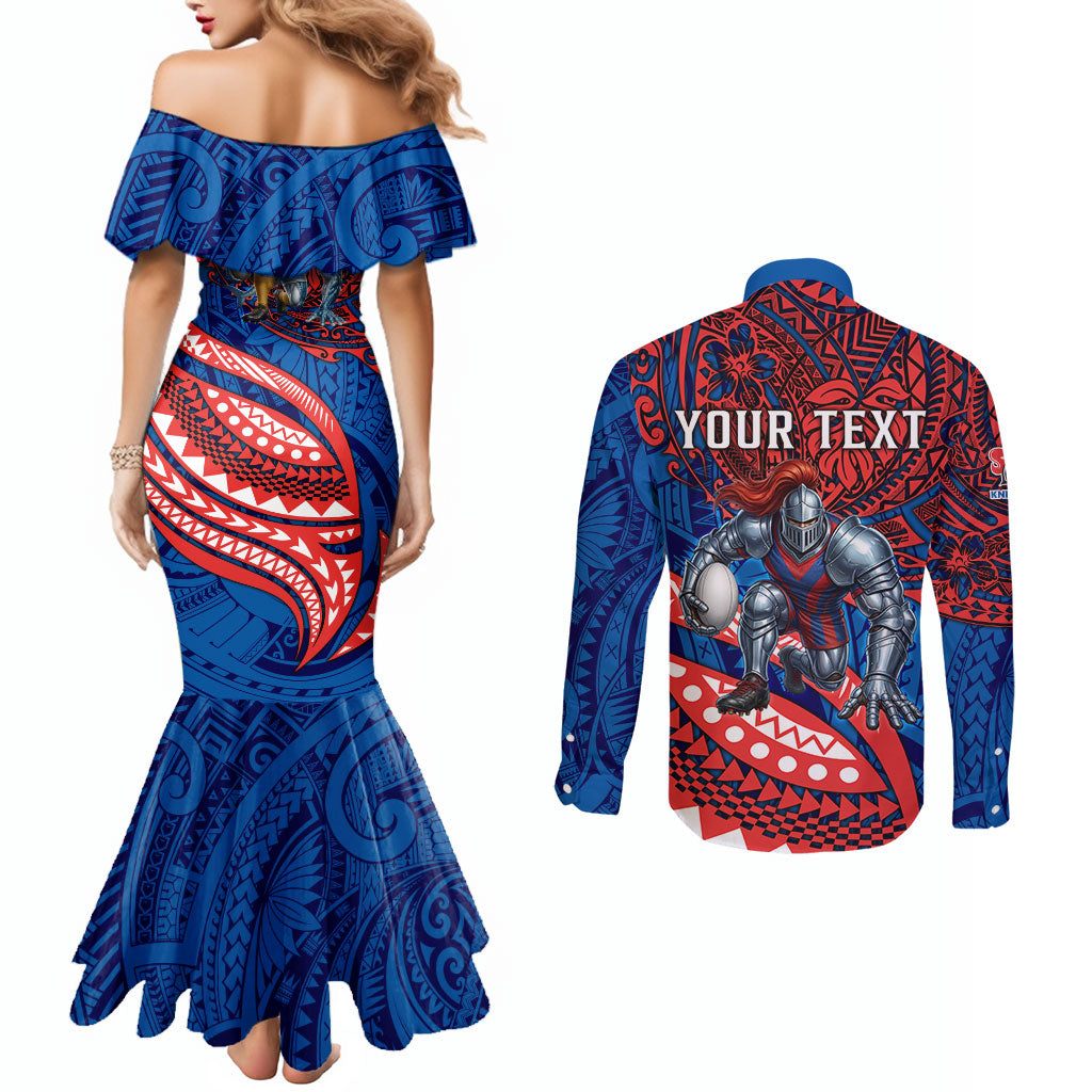 Personalised Newcastle Knights Couples Matching Mermaid Dress and Long Sleeve Button Shirt Polynesian Tribal Art Style With Armored Knight Mascot