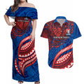 Personalised Newcastle Knights Couples Matching Off Shoulder Maxi Dress and Hawaiian Shirt Polynesian Tribal Art Style With Armored Knight Mascot