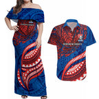 Personalised Newcastle Knights Couples Matching Off Shoulder Maxi Dress and Hawaiian Shirt Polynesian Tribal Art Style With Armored Knight Mascot