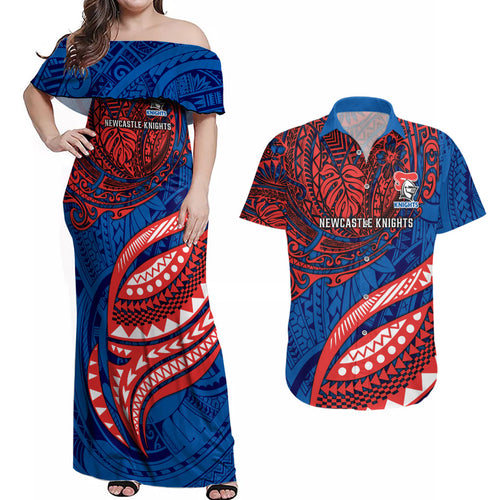 Personalised Newcastle Knights Couples Matching Off Shoulder Maxi Dress and Hawaiian Shirt Polynesian Tribal Art Style With Armored Knight Mascot